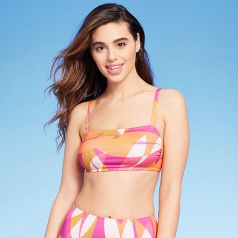 ✨Kona Sol Women’s Abstract Pink and Orange Geometric Bikini Top Sz M (8/10)